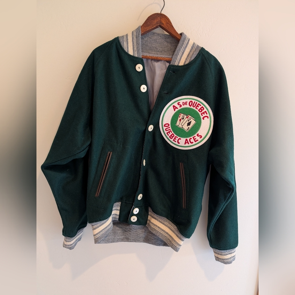 Vintage Style Ice Hockey Team Quebec Aces Wool Varsity Jacket Green Satin Lined